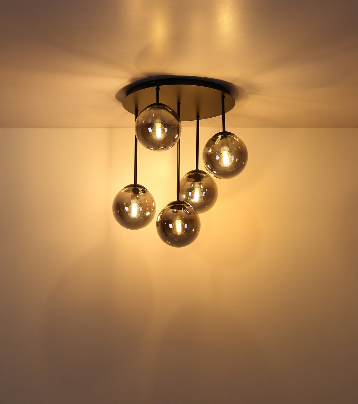Zwarte metalen plafondlamp met vijf rookglazen bollen en ronde plafondplaat – afbeelding 2