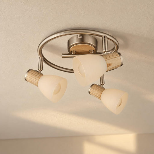 Globo Gylfi 3-Light Round Nickel Spot with Opal Glass and Wood – lifestyle image