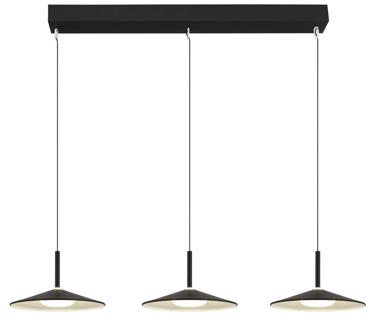 Zwarte metalen hanglamp met brede balk en drie platte schijven – afbeelding 2