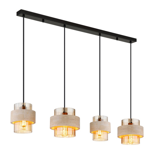 Zwarte metalen hanglamp met vier amberkleurige glazen kappen