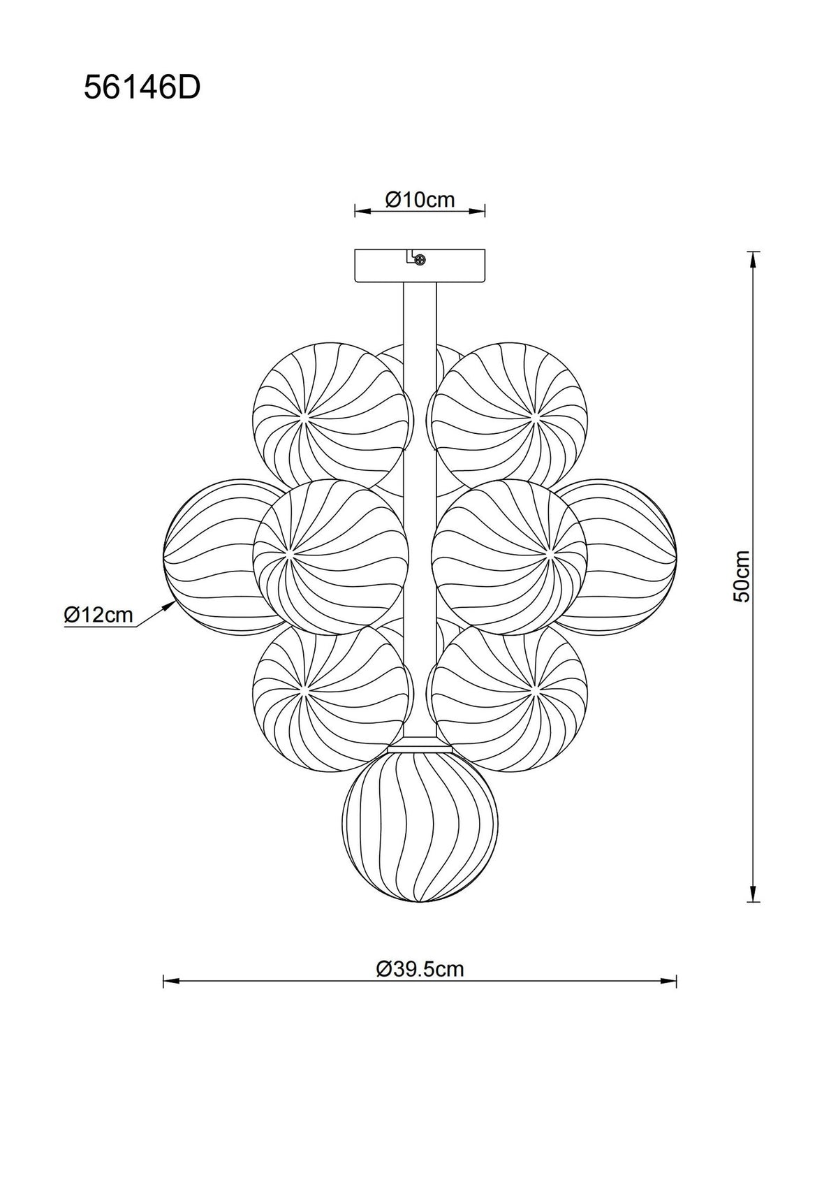 Luminária de teto negra de vidro com 13 luzes – desenho com dimensões