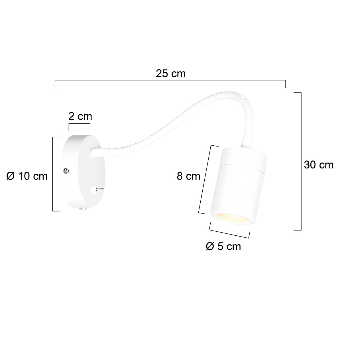 White Mexlite Upround Wall Lamp with Flexible Arm – dimension drawing