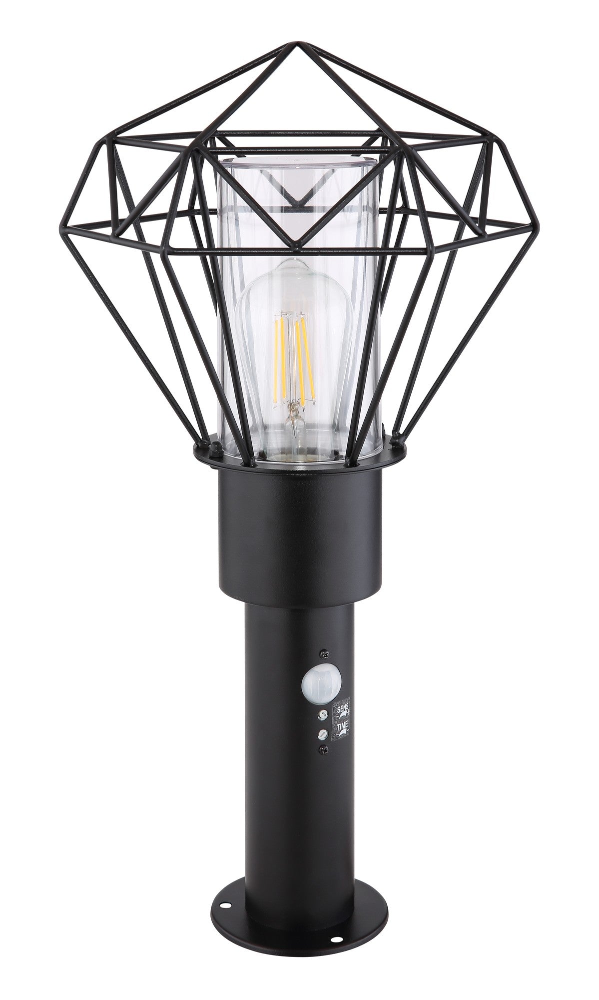 Zwarte metalen staande buitenlamp met draadframe en glazen cilinder – afbeelding 1