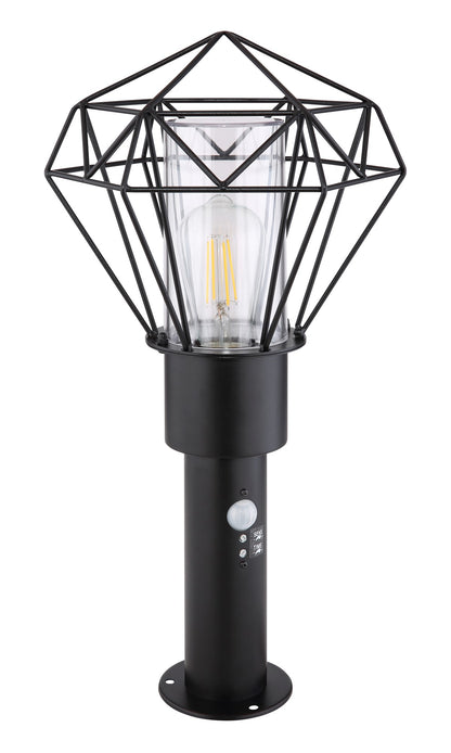 Zwarte metalen staande buitenlamp met draadframe en glazen cilinder – afbeelding 1