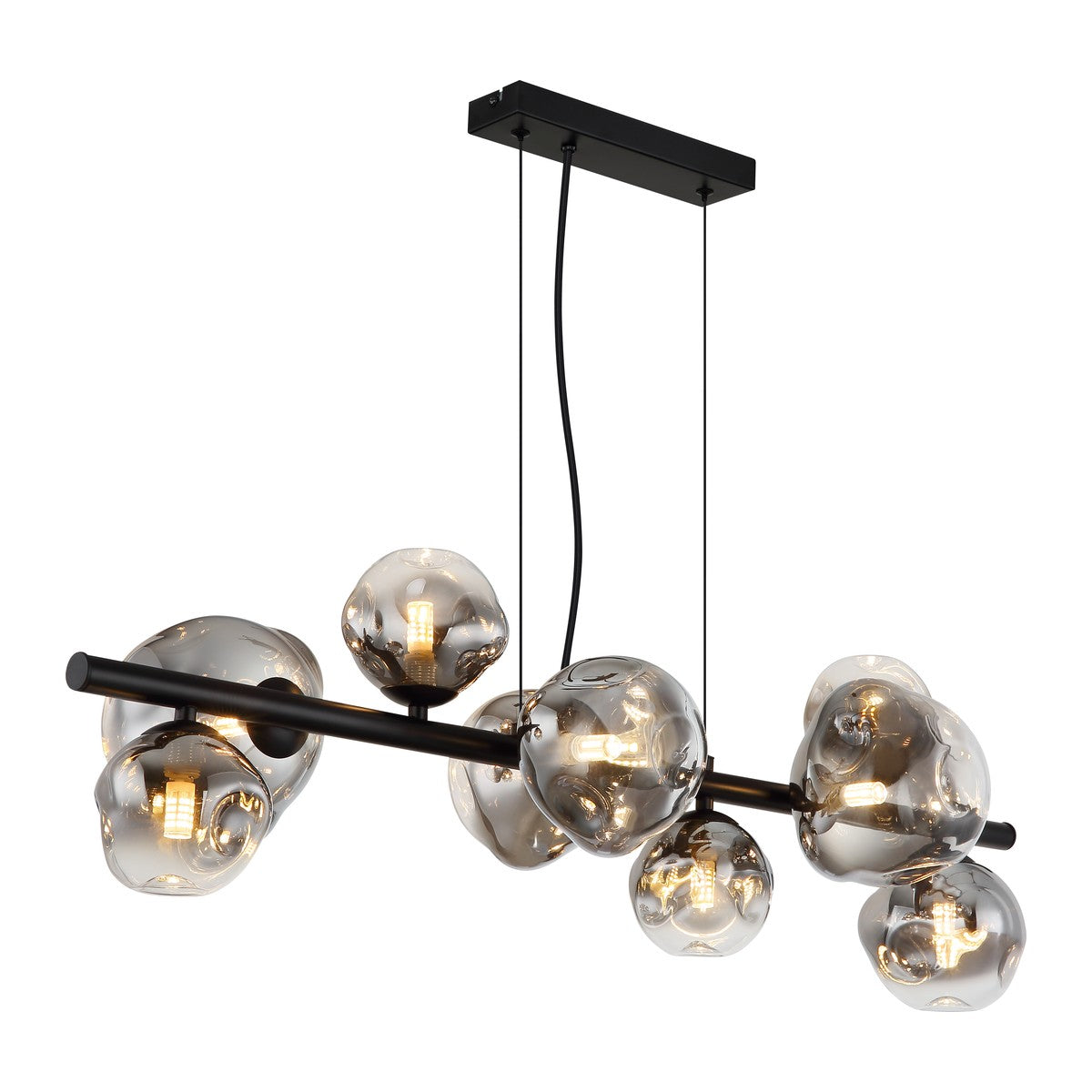 Zwarte metalen hanglamp met rookglazen bollen en horizontale staaf