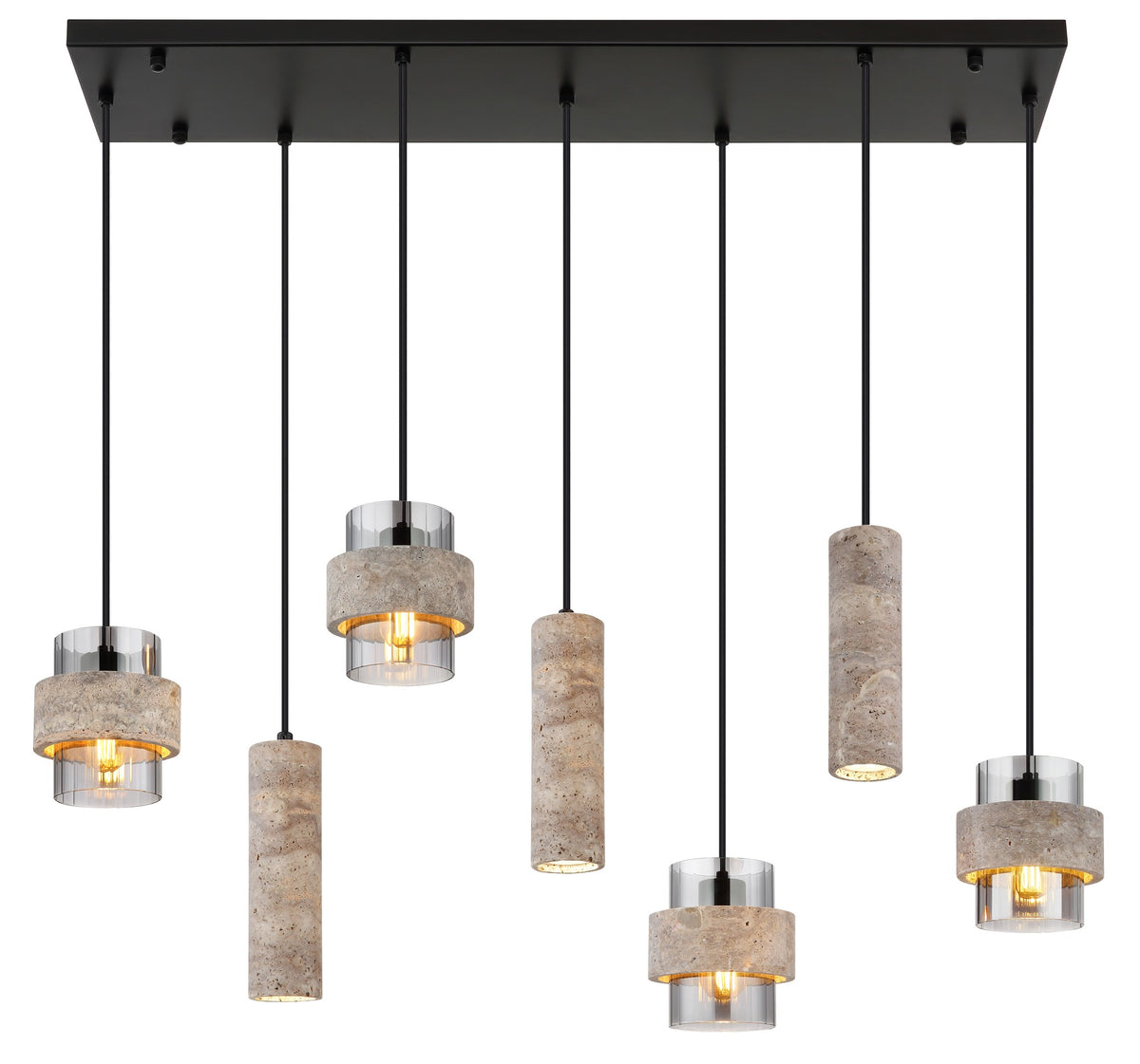 Zwarte metalen hanglamp met stenen cilinderkappen en rookglazen kokers – afbeelding 2