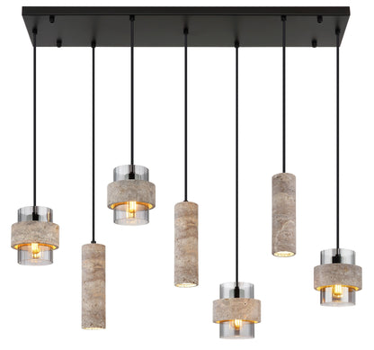 Zwarte metalen hanglamp met stenen cilinderkappen en rookglazen kokers – afbeelding 2