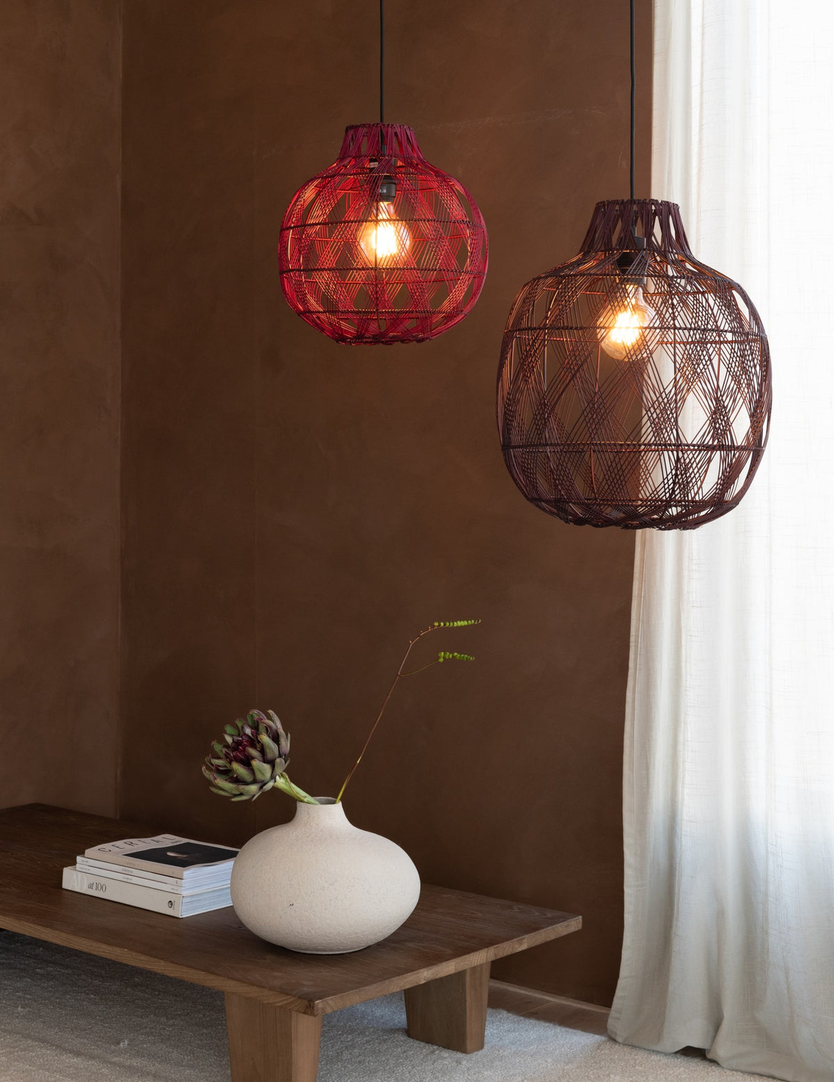 Bordeauxrode bamboe hanglamp met vlechtwerk GOOD&MOJO MENDOZA – maattekening