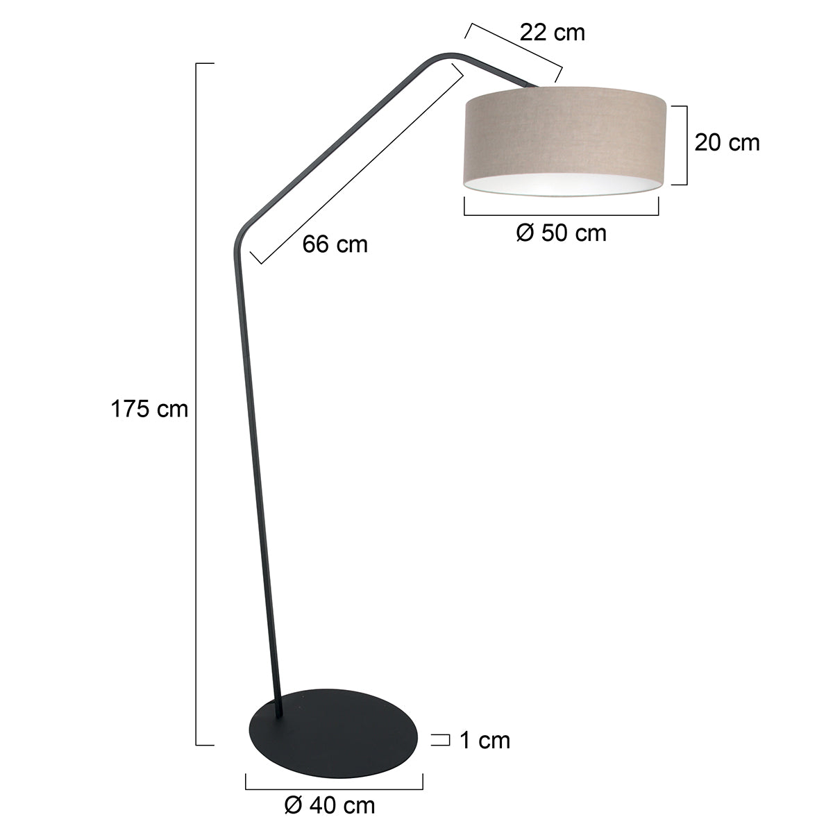 Szara lampa podłogowa łukowa ZigZag Anne Lighting – rysunek z wymiarami