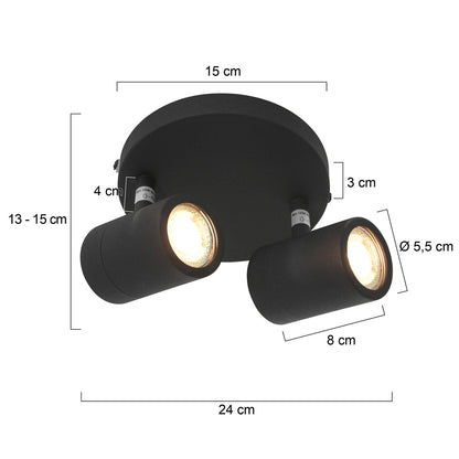Черен LED спот Mexlite Upround с 2 светлини – чертеж с размери