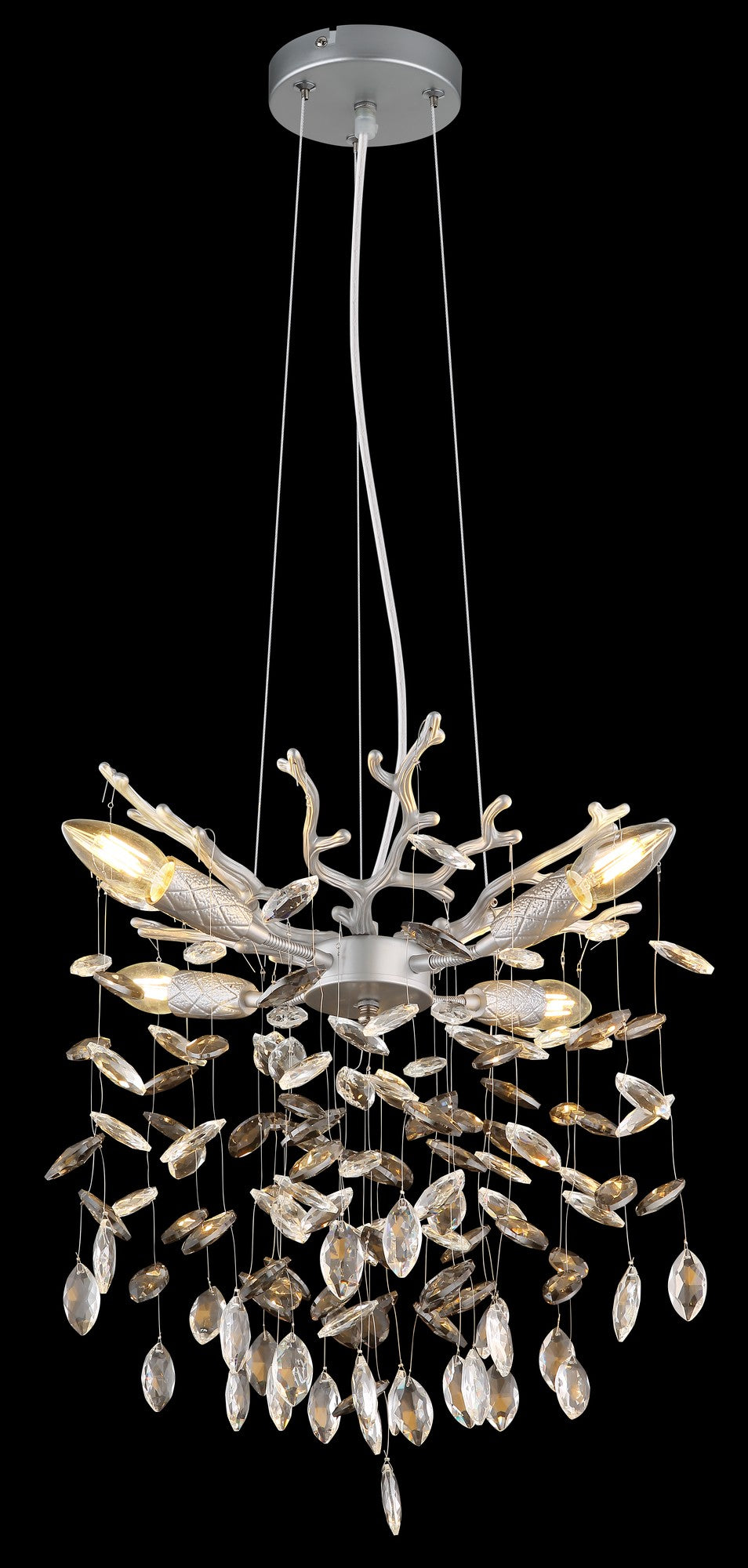 Zilverkleurige metalen hanglamp met glazen blaadjes en vertakte armen – afbeelding 3