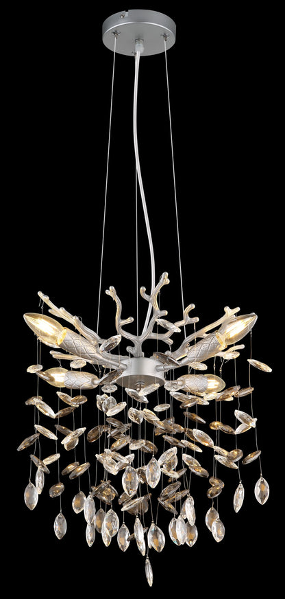 Zilverkleurige metalen hanglamp met glazen blaadjes en vertakte armen – afbeelding 3