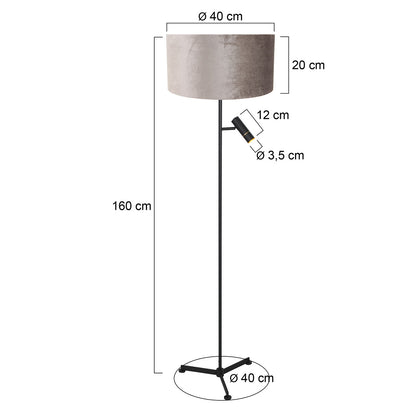 Steinhauer Stang tripod podna lampa sa sivim baršunastim sjenilom i LED svjetlom za čitanje – skica s dimenzijama