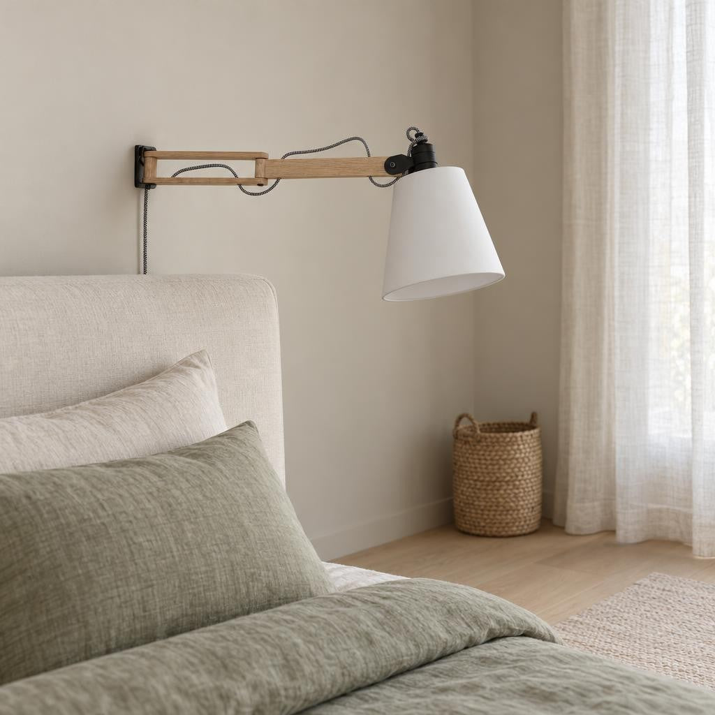 Skandinavisk vägglampa i trä och textil Mexlite Dion – miljöbild