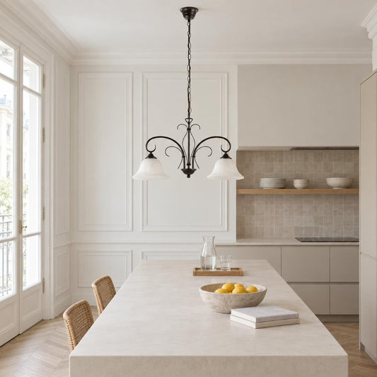 Obolg Aries 2-lichts hanglamp bruin met albastglas – sfeerbeeld