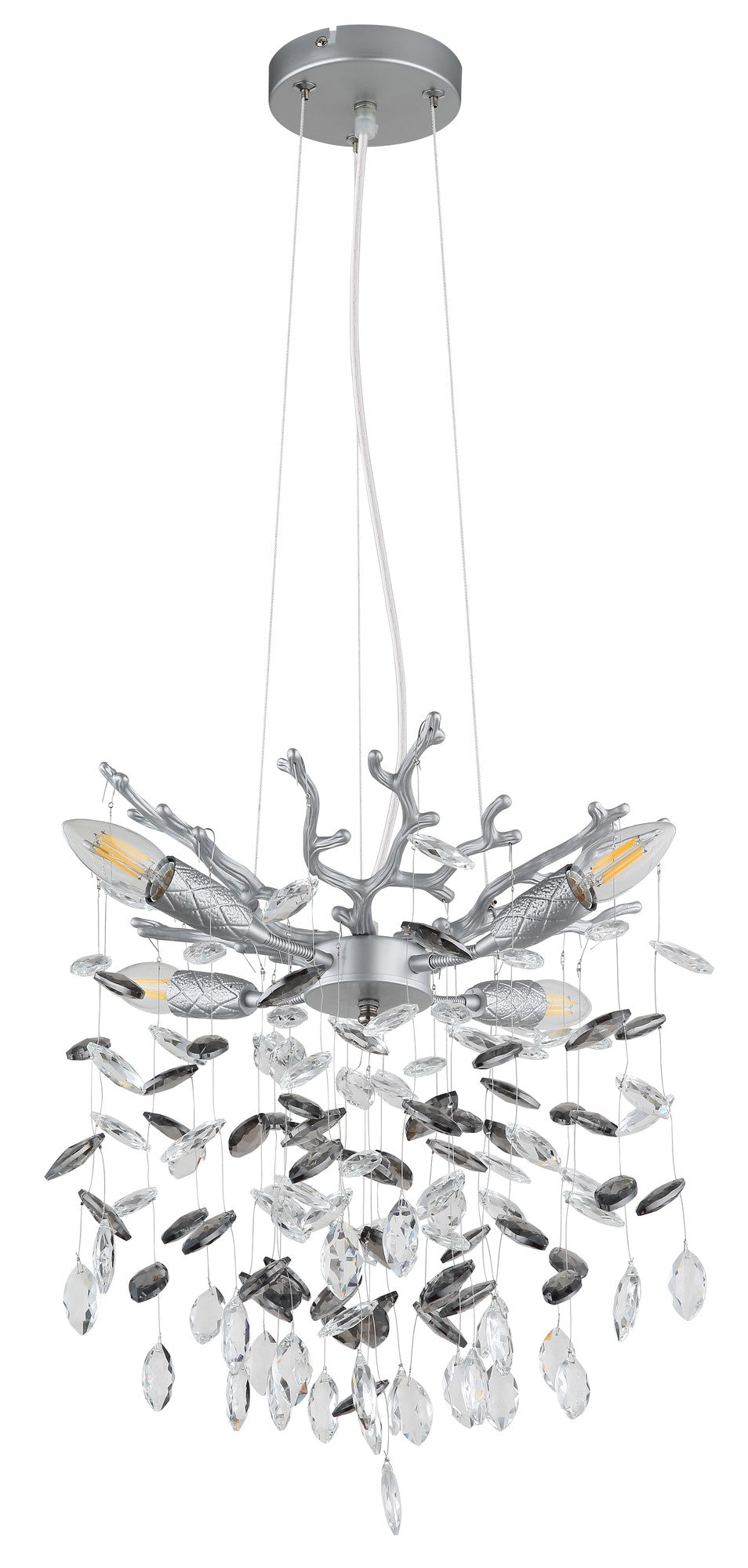 Zilverkleurige metalen hanglamp met glazen blaadjes en vertakte armen – afbeelding 1