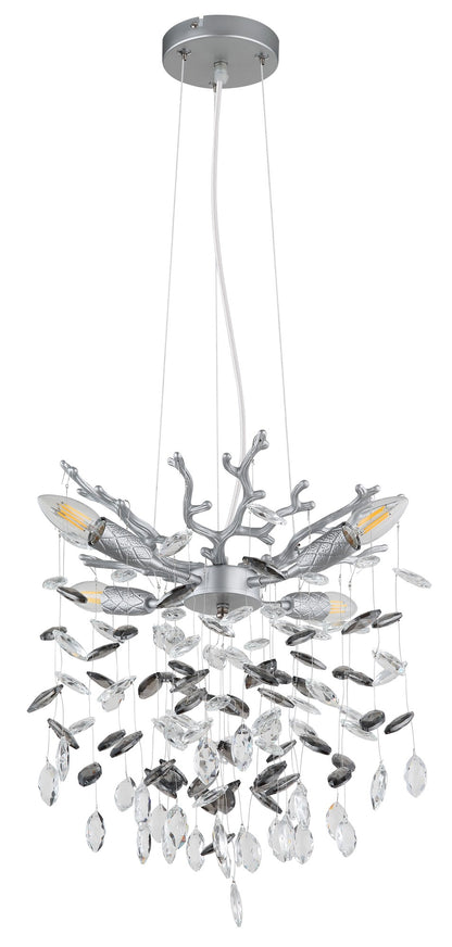 Zilverkleurige metalen hanglamp met glazen blaadjes en vertakte armen – afbeelding 1