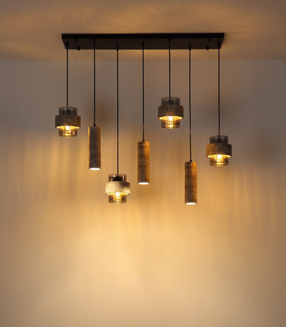 Zwarte metalen hanglamp met stenen cilinderkappen en rookglazen kokers – afbeelding 4