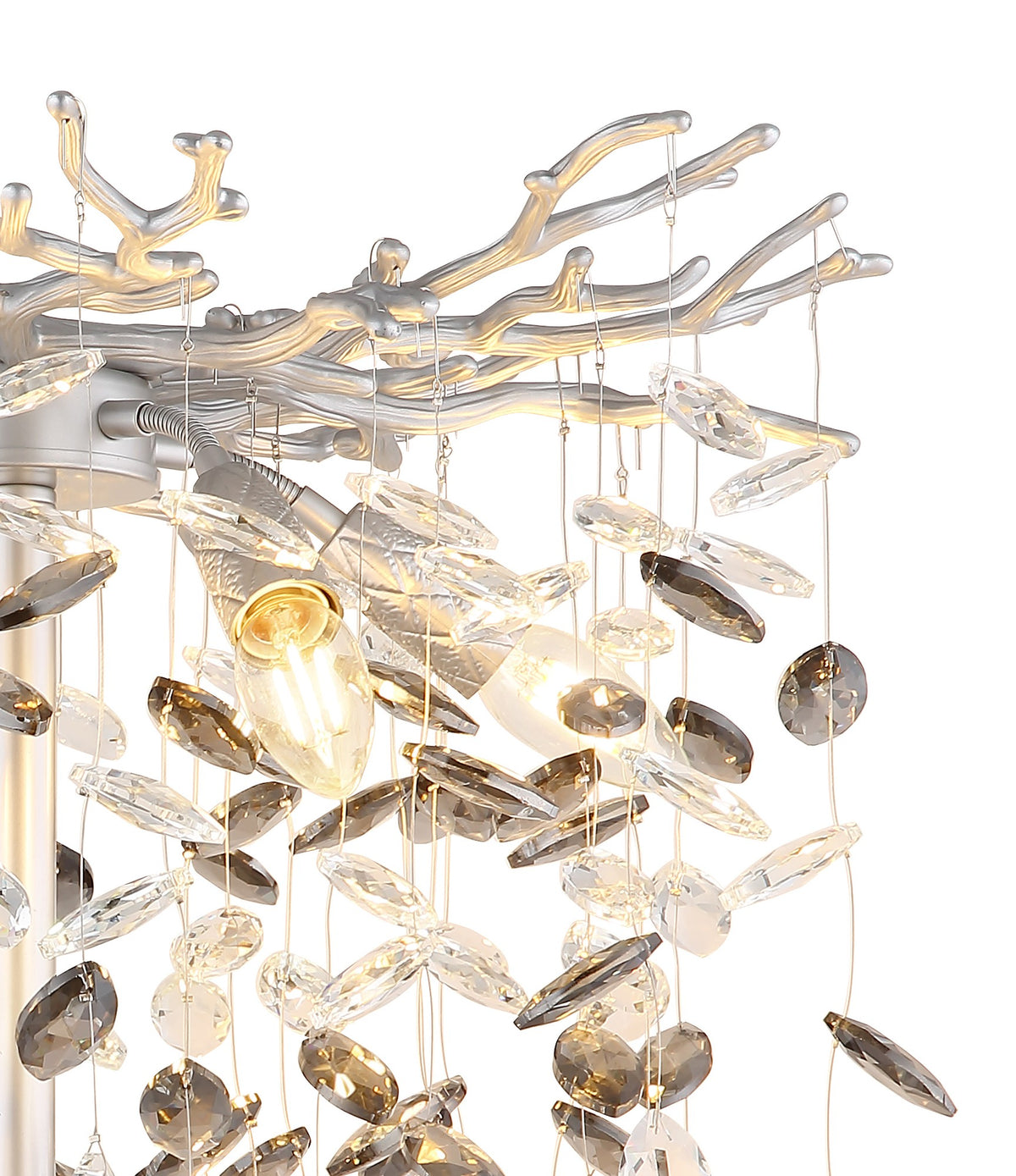 Zilveren metalen vloerlamp met vertakte kap en glazen hangers – afbeelding 2