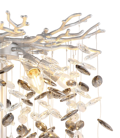 Zilveren metalen vloerlamp met vertakte kap en glazen hangers – afbeelding 2