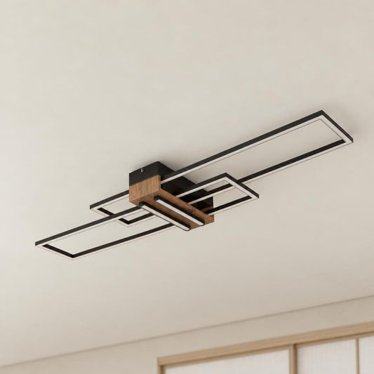 Moderne plafondlamp Dakari met houtlook en zwart metaal – sfeerbeeld