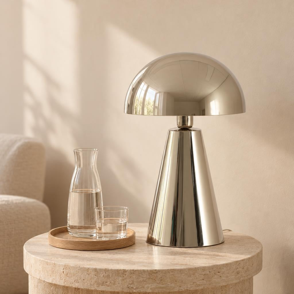 Strieborná kovová stolová lampa Light & Living Surrina – fotografia v interiéri