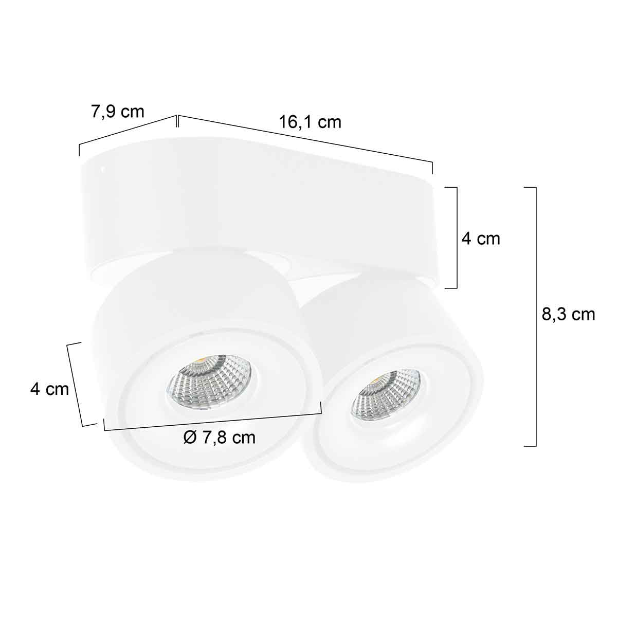 Mexlite Fez Black dubbele witte LED-opbouwspot – maattekening
