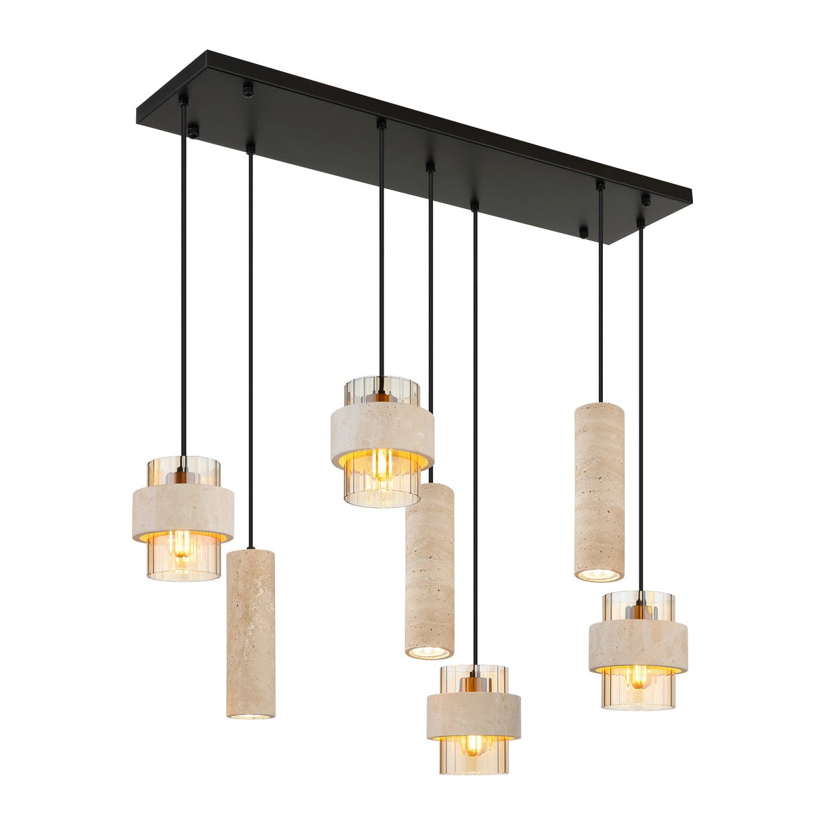Zwarte metalen hanglamp met stenen cilinders en amberkleurig ribbelglas