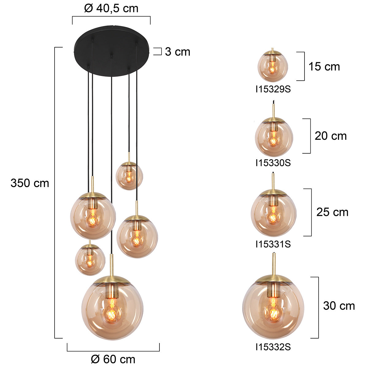 Steinhauer Bollique hanglamp met amberkleurig glas – maattekening
