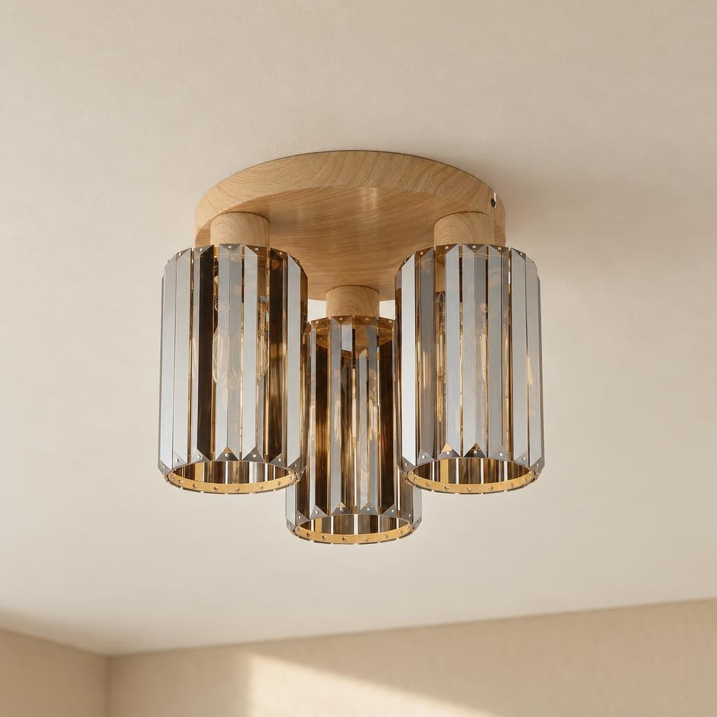 Plafondlamp RUN in houtlook met kristallen – sfeerbeeld