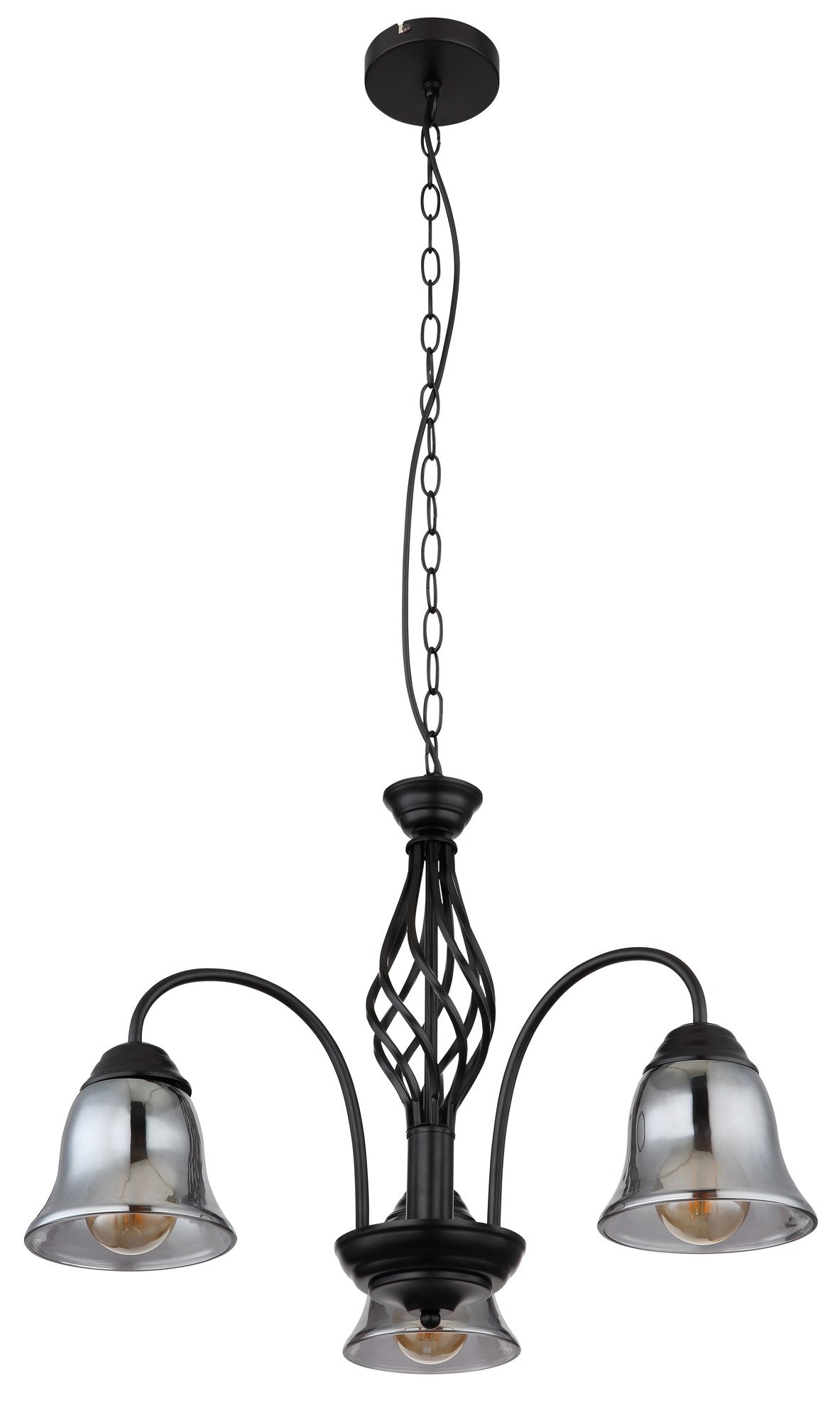 Zwarte metalen hanglamp met drie rookglazen kappen en gebogen armen – afbeelding 1