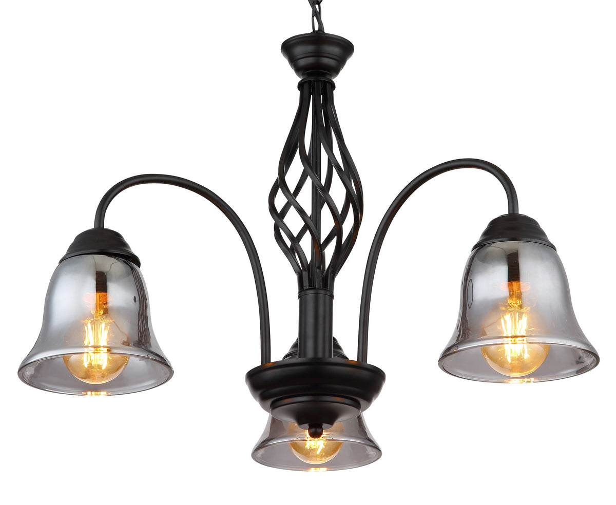 Zwarte metalen hanglamp met drie rookglazen kappen en gebogen armen – afbeelding 2