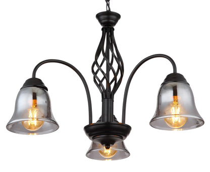 Zwarte metalen hanglamp met drie rookglazen kappen en gebogen armen – afbeelding 2
