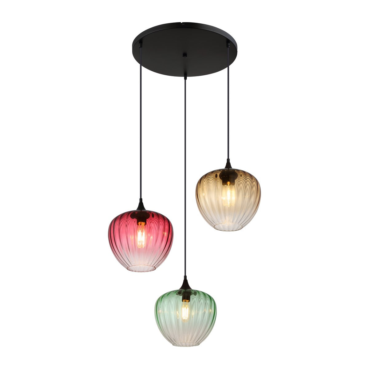 Zwarte metalen hanglamp met gekleurde glazen bollen en ribbels
