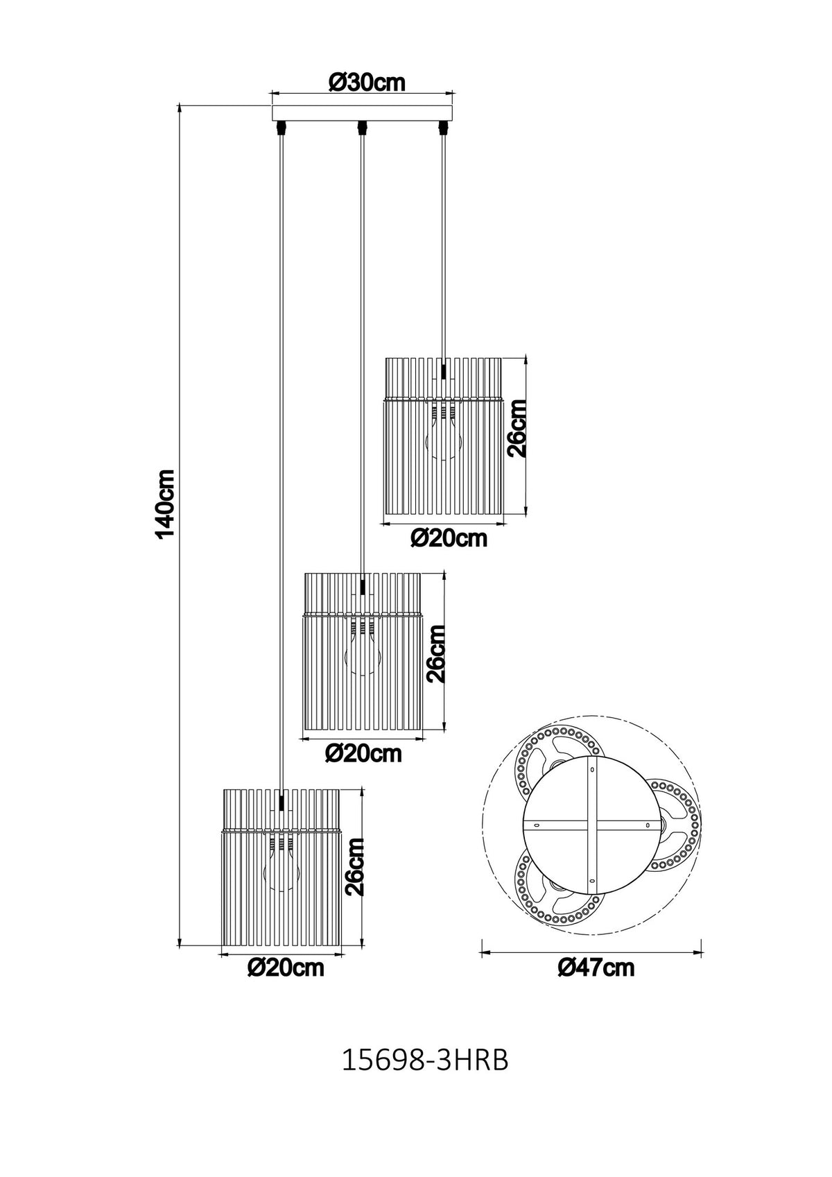Pequeno candeeiro pendente de vidro areia com 3 luzes – desenho com dimensões