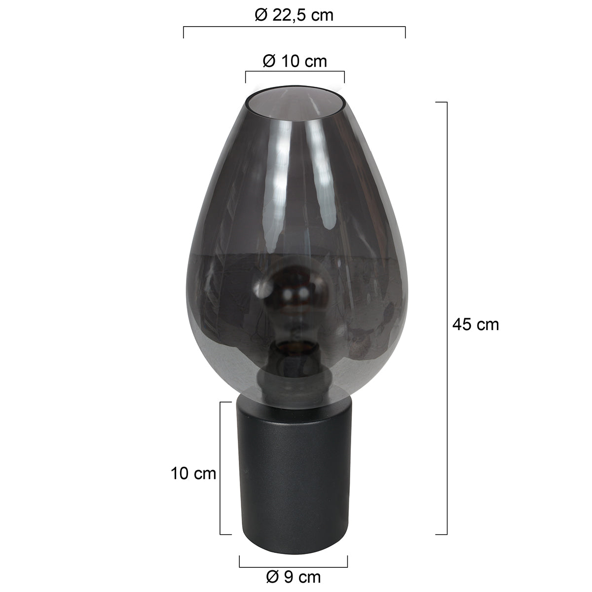 Czarna lampa stołowa z dymionym szkłem Bloeba – rysunek z wymiarami