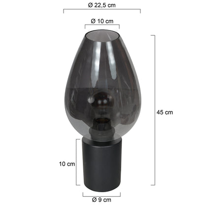 Czarna lampa stołowa z dymionym szkłem Bloeba – rysunek z wymiarami