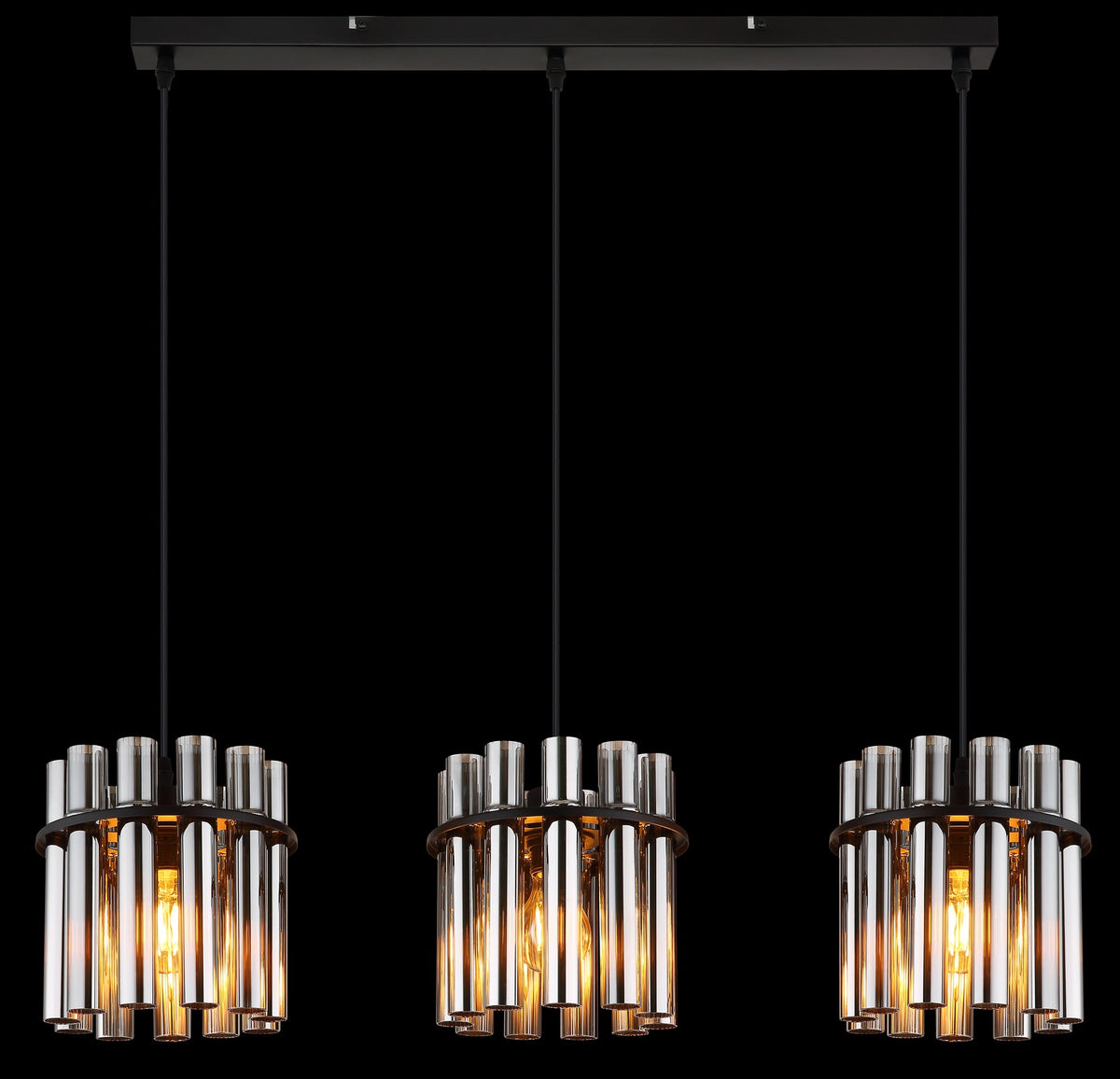 Zwarte metalen hanglamp met geribbelde rookglazen kappen – afbeelding 5