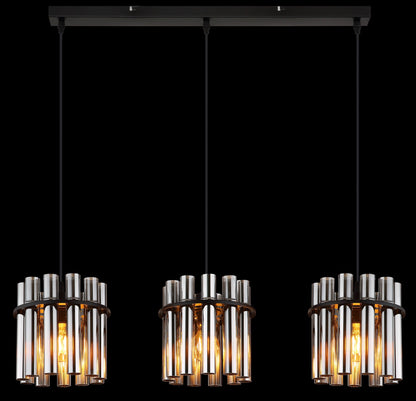 Zwarte metalen hanglamp met geribbelde rookglazen kappen – afbeelding 5