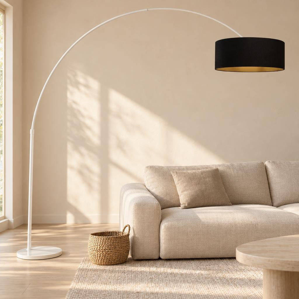 Booglamp met zwarte linnen kap Steinhauer Sparkled Light – sfeerbeeld