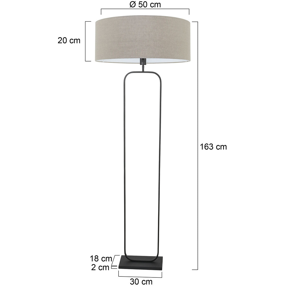 Crna podna lampa Stang sa sivim lanenim sjenilom – skica s dimenzijama