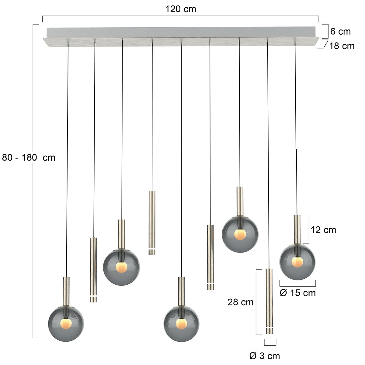 Luminária de mesa de jantar de 9 luzes com vidro fumê Steinhauer Volari – desenho com dimensões