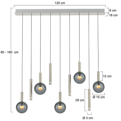 Luminária de mesa de jantar de 9 luzes com vidro fumê Steinhauer Volari – desenho com dimensões
