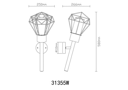 Zwarte metalen buitenwandlamp met glazen koker en geometrisch draadframe – maattekening