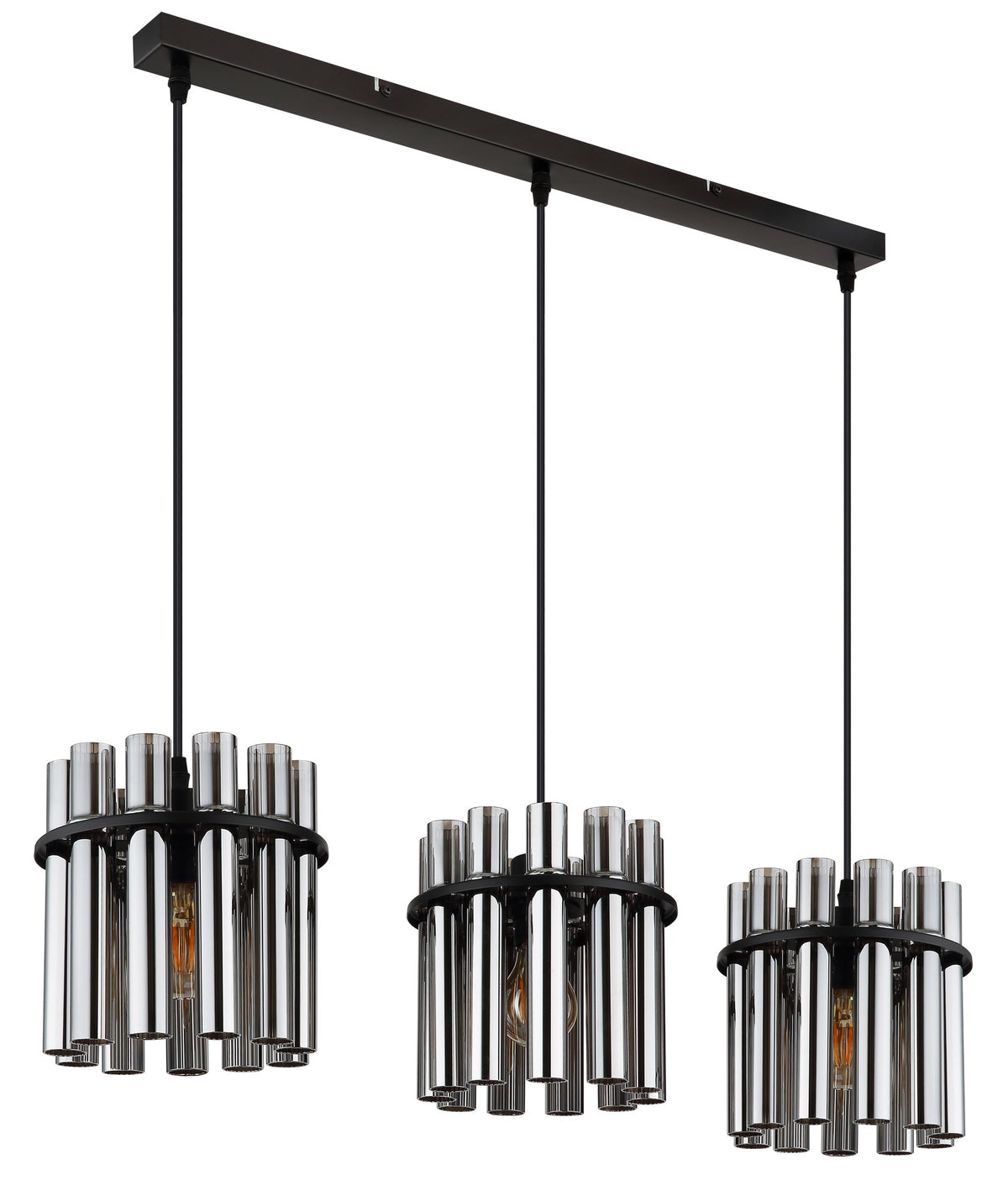 Zwarte metalen hanglamp met geribbelde rookglazen kappen – afbeelding 1