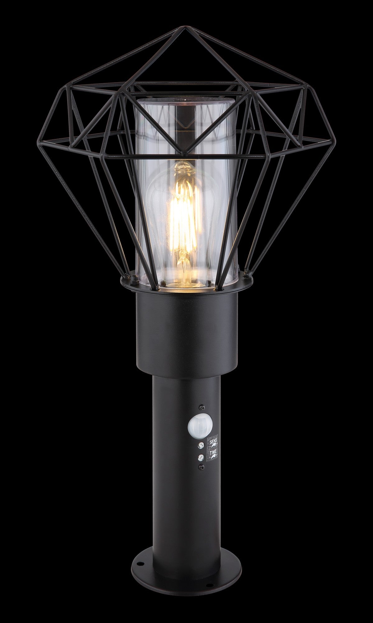 Zwarte metalen staande buitenlamp met draadframe en glazen cilinder – afbeelding 3