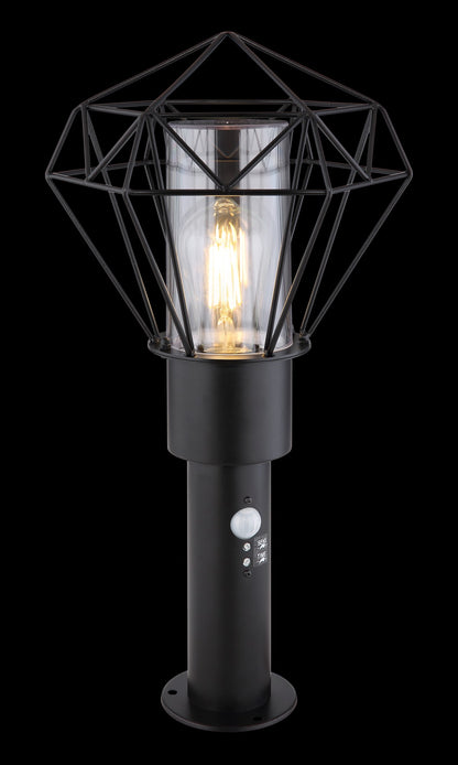 Zwarte metalen staande buitenlamp met draadframe en glazen cilinder – afbeelding 3