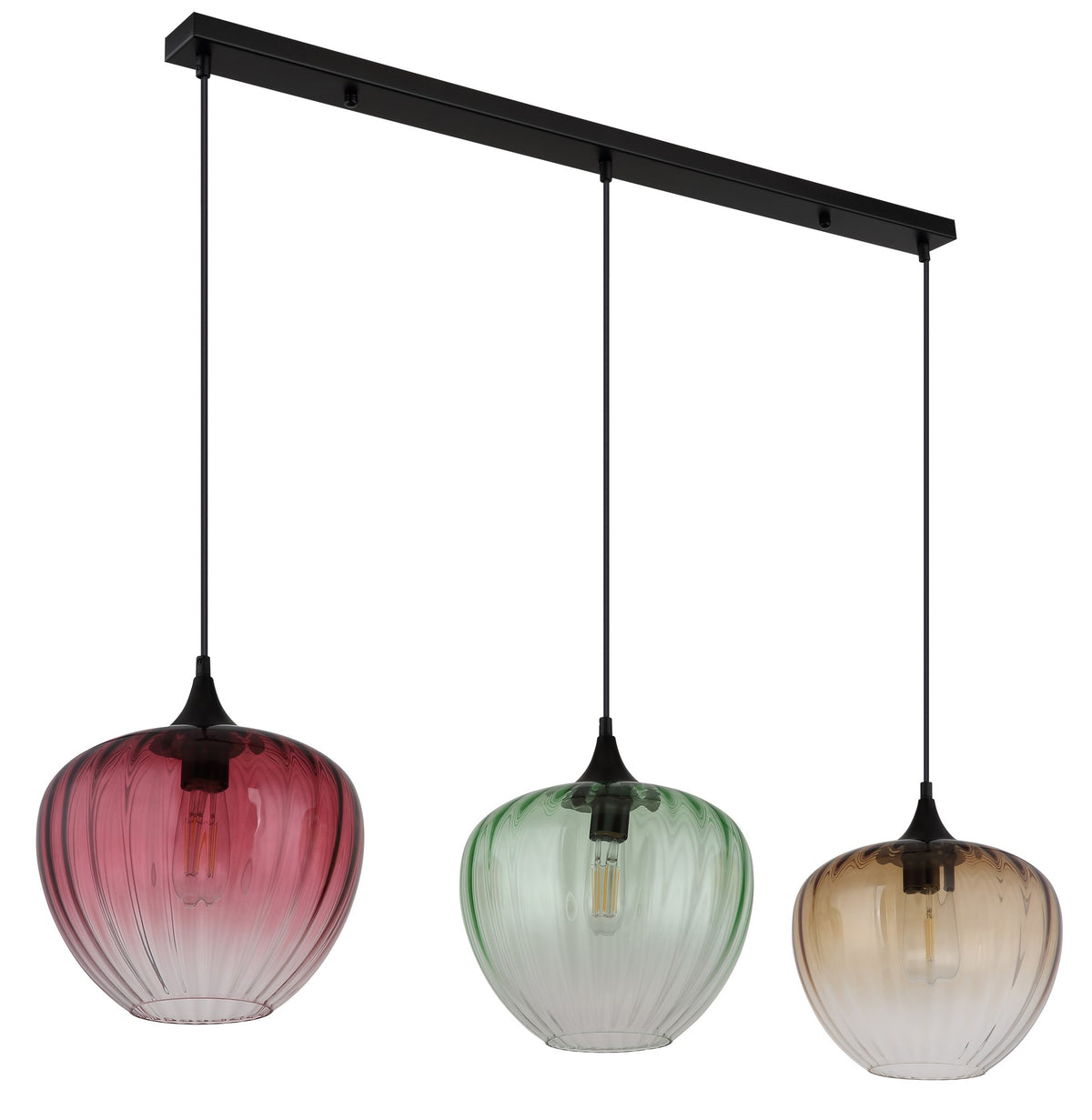 Zwarte metalen hanglamp met drie geribbelde glazen bollen en plafondbalk – afbeelding 1