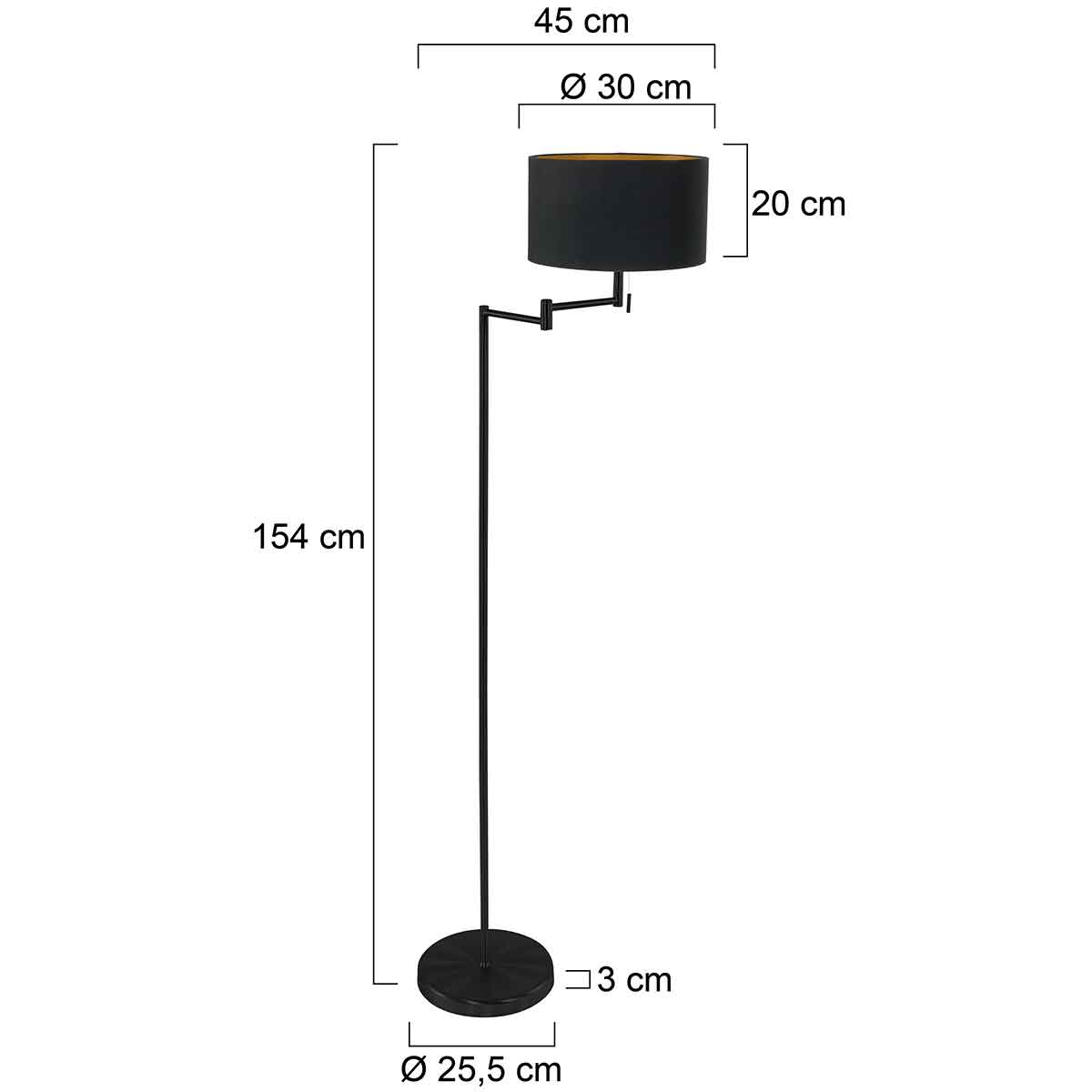 Lampada da terra nera industriale Bella di Mexlite – disegno con le misure