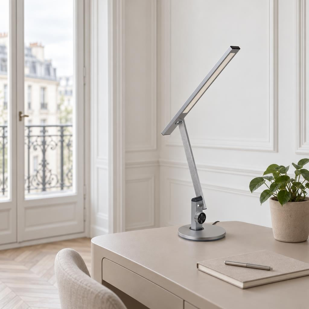 Stolná LED lampa Obolg Solana v oceľovej farbe – fotografia v interiéri